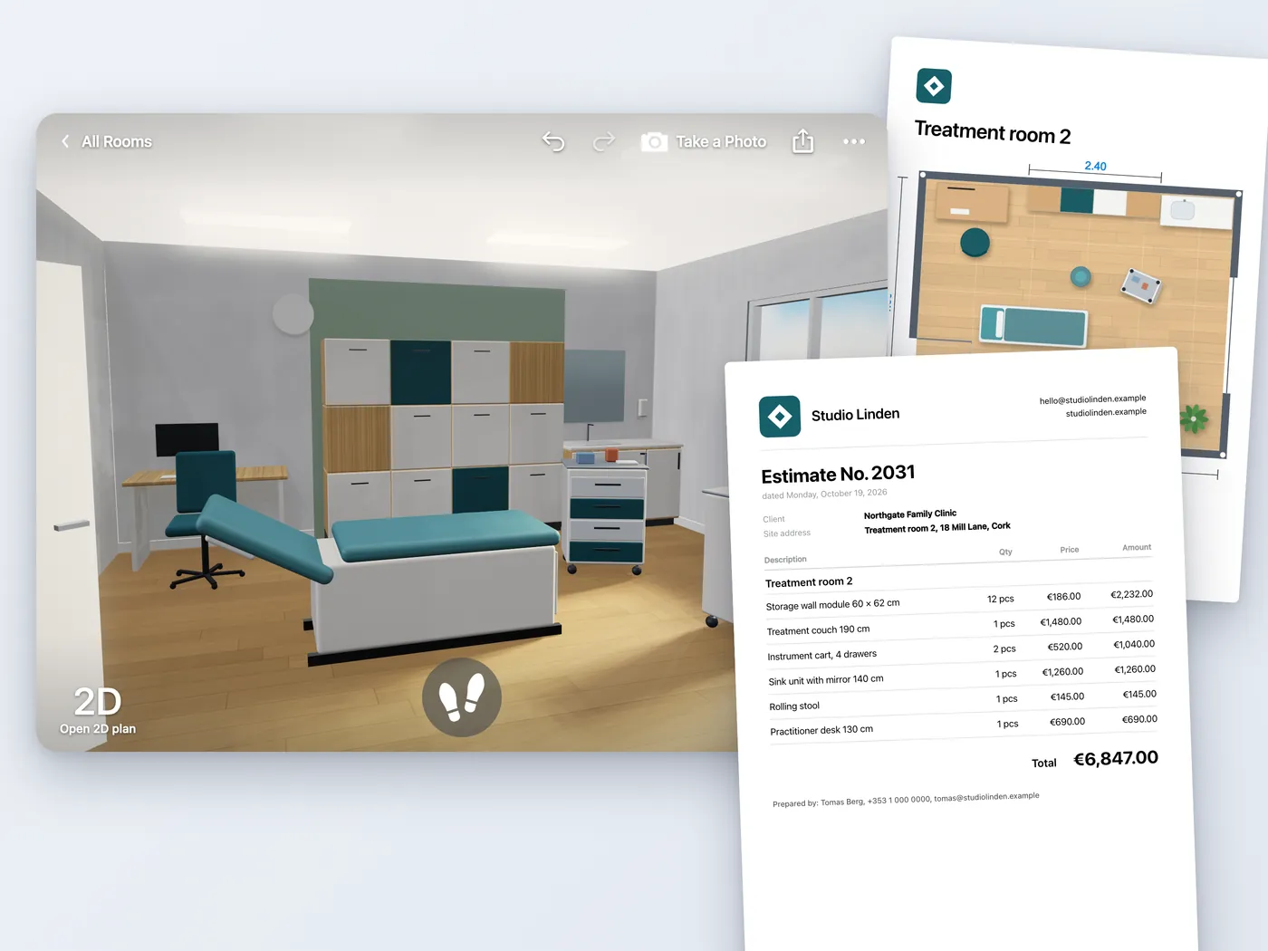 A clinic treatment room with storage units and carts, beside the priced quote PDF