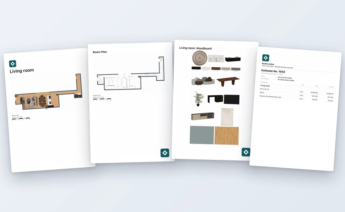 Pages of one client PDF: the cover with the studio logo and plan, the room plan with dimensions, the mood board and the estimate