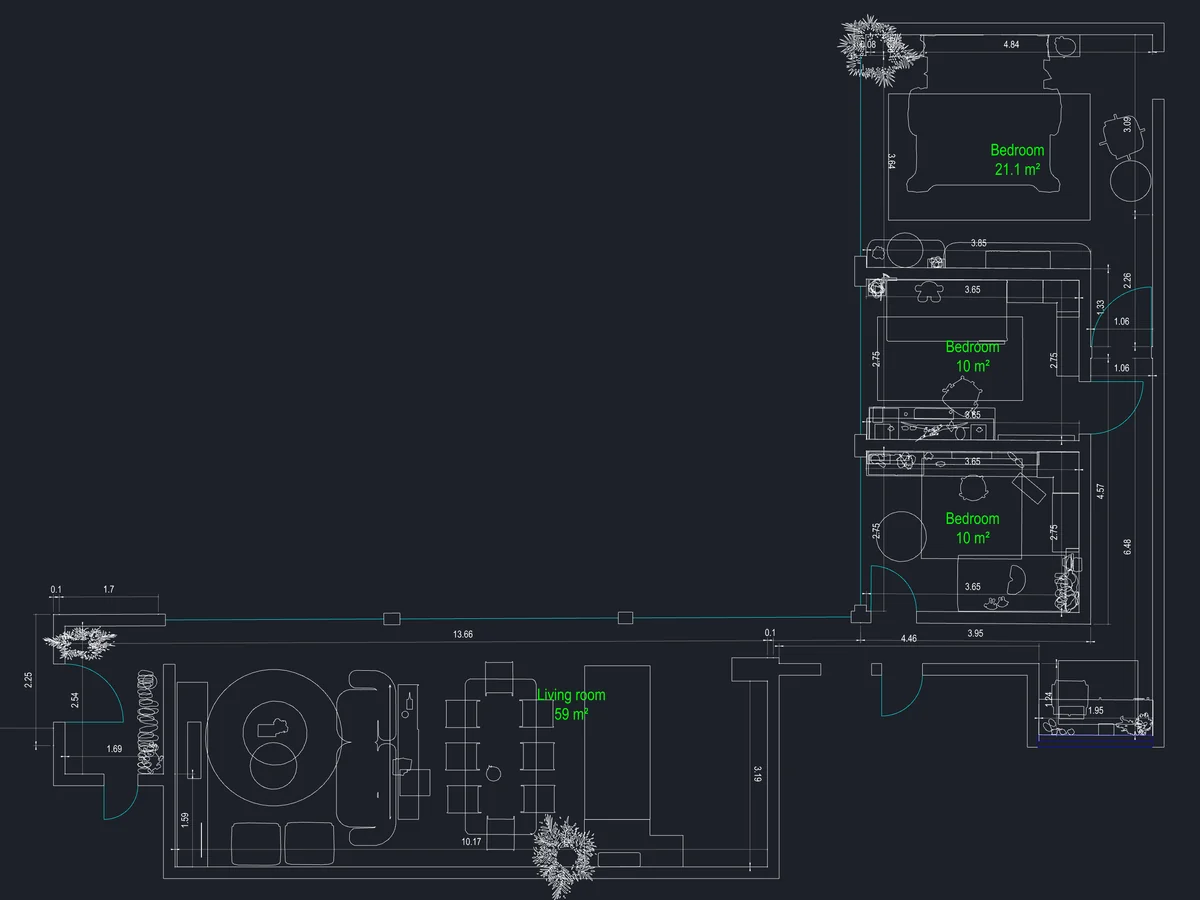 The plan as a CAD drawing, with furniture blocks