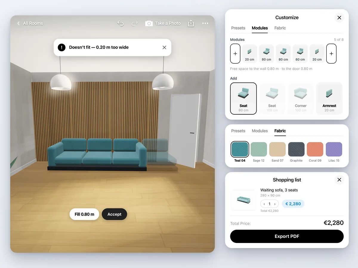 The configurator: modules and finishes, the fit status, the price and the item list