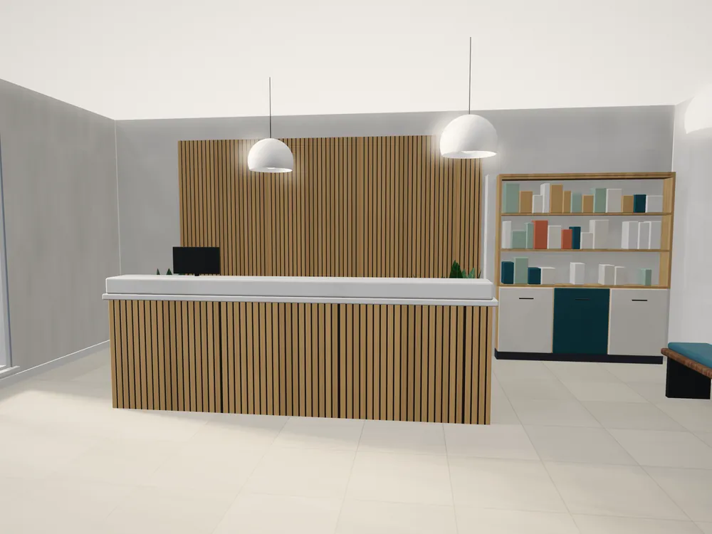 A reception area with built-in joinery planned in 3D
