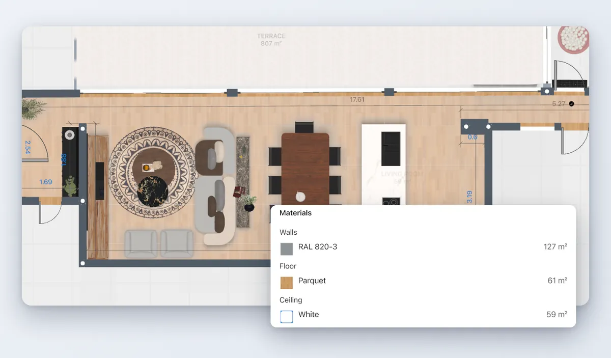The room plan with its dimensions and the Stats window with the materials and their areas