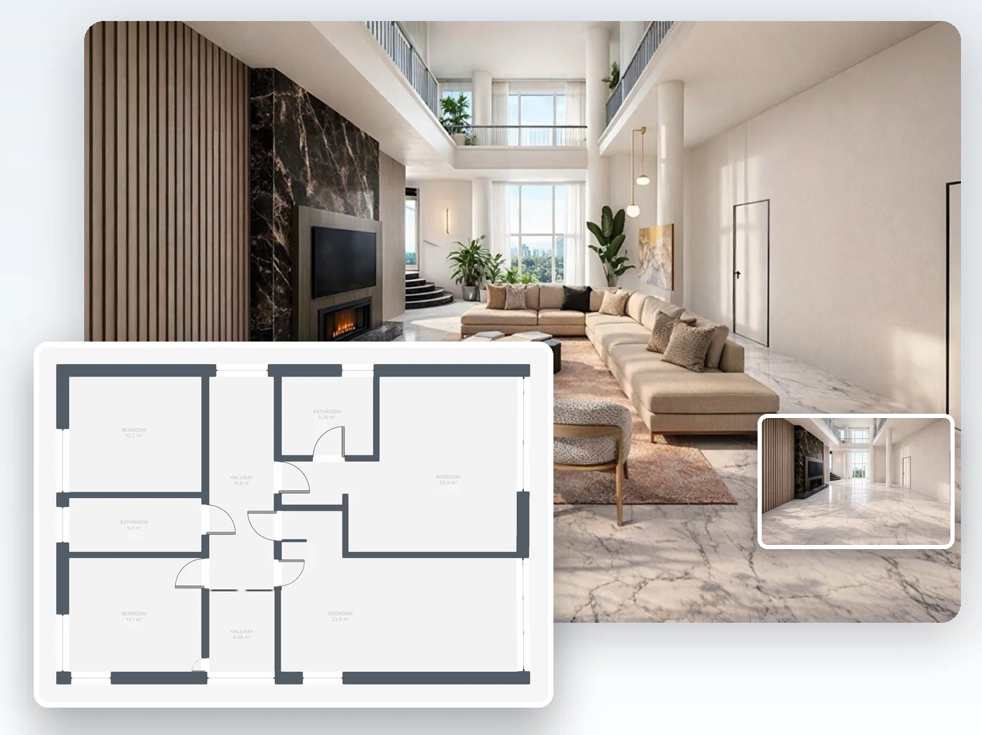 A living room furnished by AI from a photo of the empty room (AI-generated image) and, in front, the Real Estate Floor Plan of a four-bedroom apartment with room names and areas