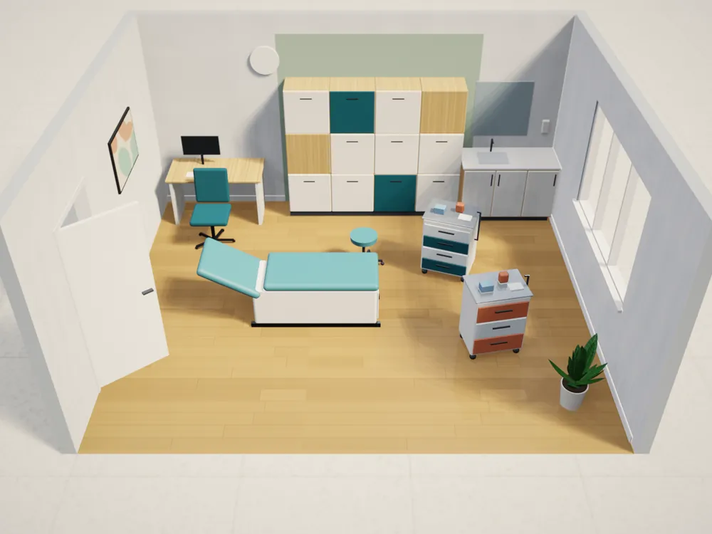 A clinic room with storage units and carts planned in 3D