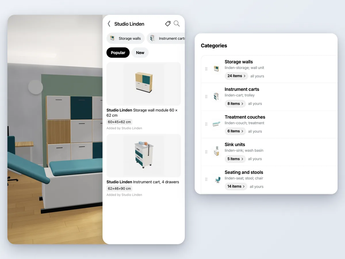 The app catalog showing a company's categories with its products only, and the Categories screen of the company panel