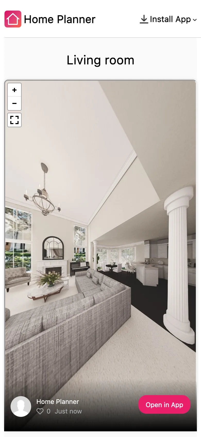 The shared link of a 360° photo open in a phone browser, with the Open in App button