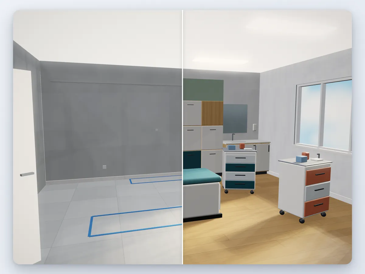 An empty commercial room next to the same room planned in 3D with the products placed