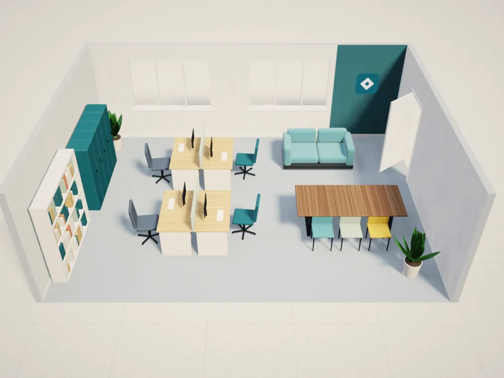 An office floor with workstations planned in 3D