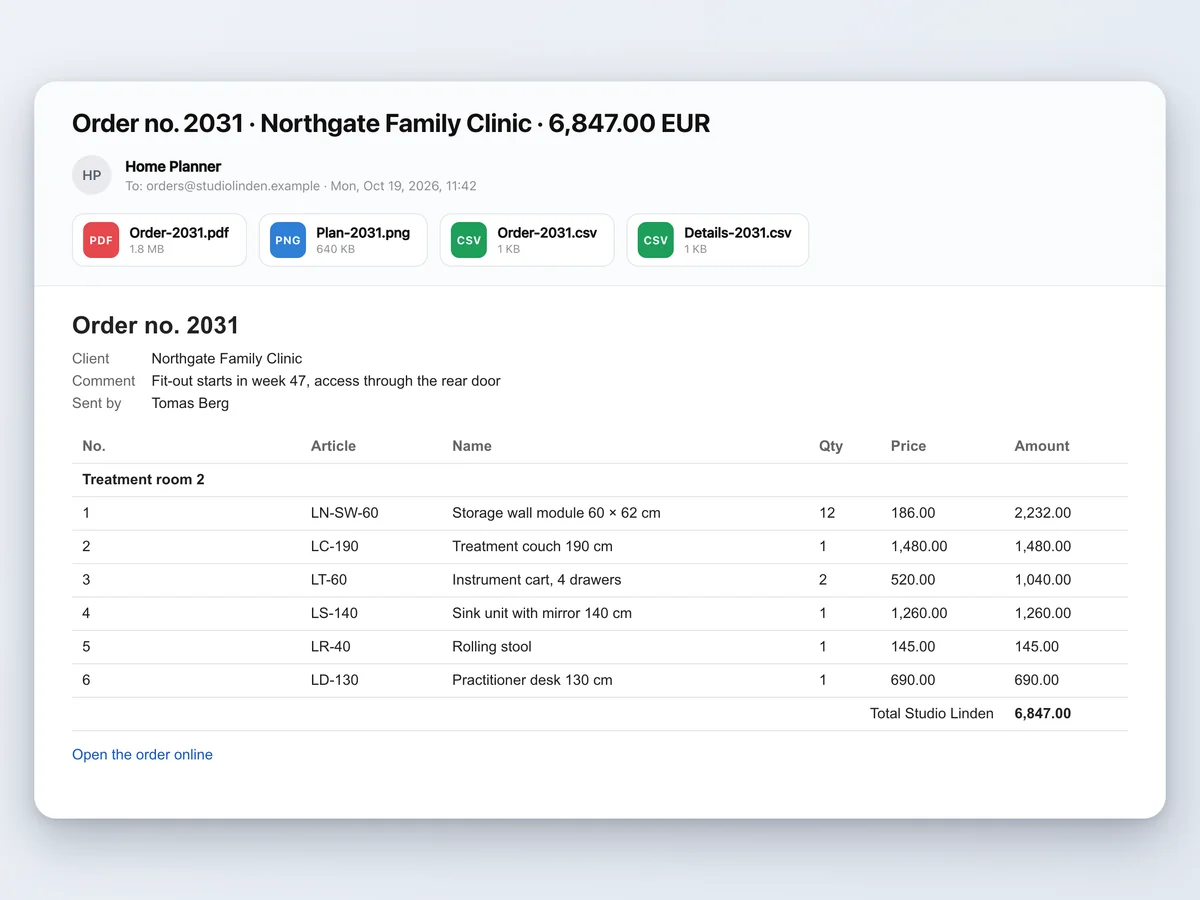 An order email with the PDF and CSV attached