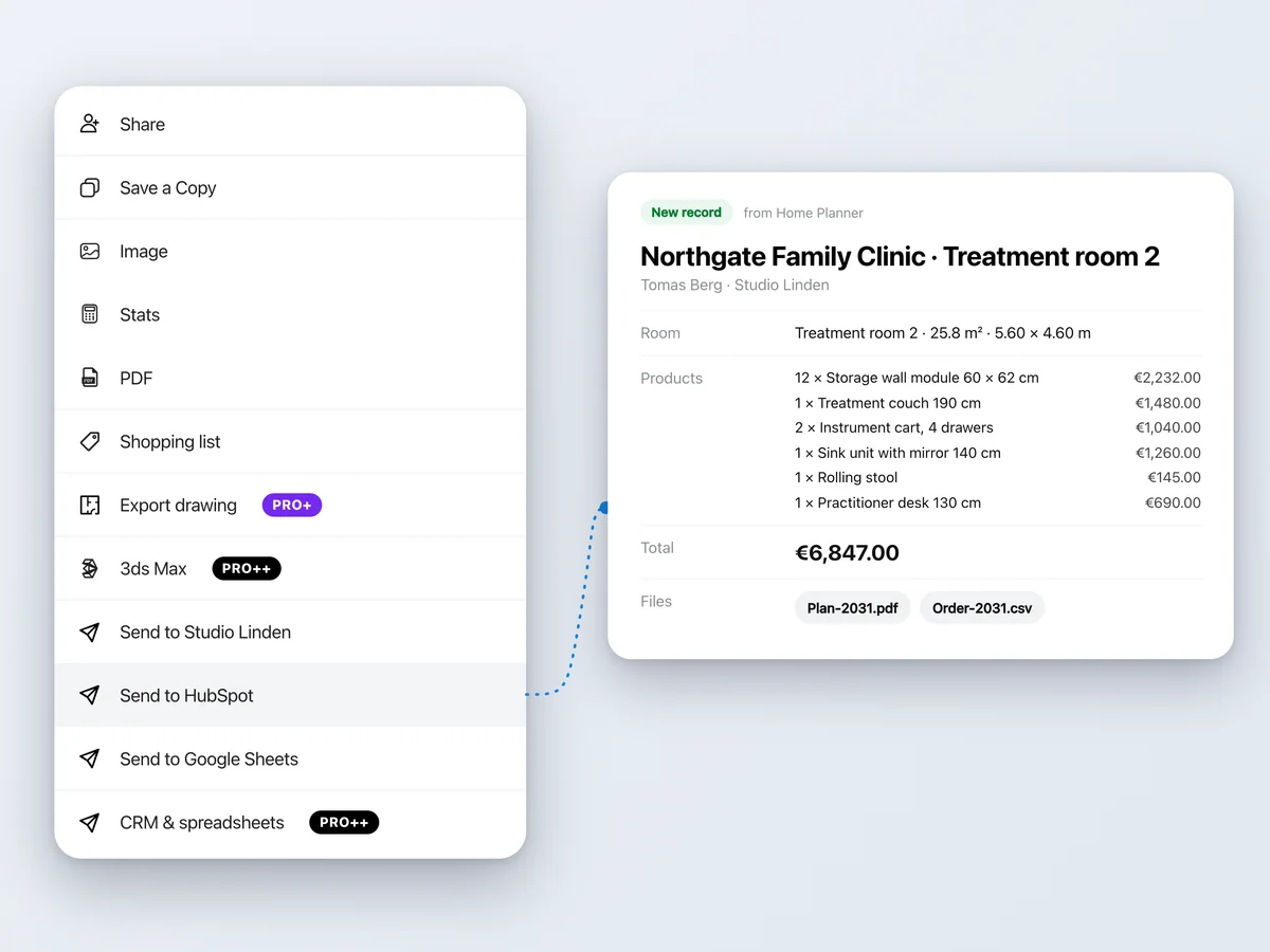 The Share menu with the Send to CRM rows